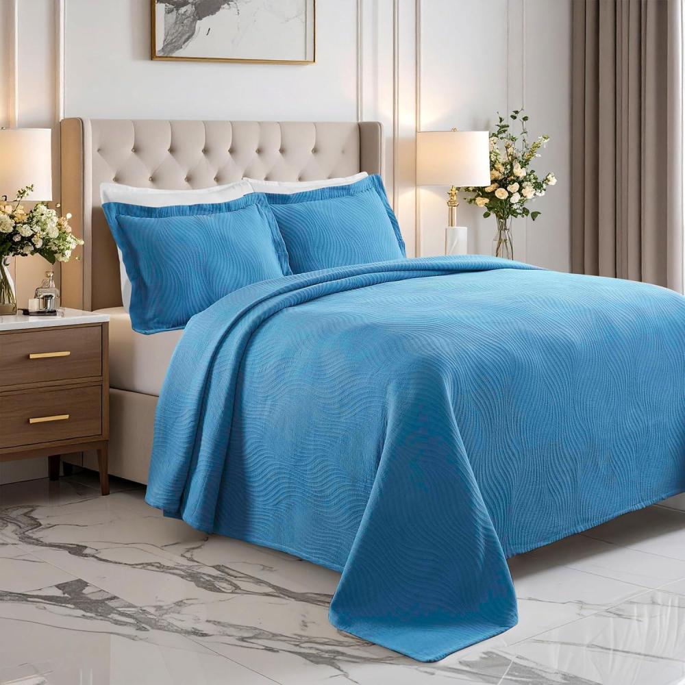 imageSuperior 100 Cotton Basket Weave Bedspread with Shams AllSeason Premium Cotton Matelasse Jacquard Bedding QuiltedLook Geometric Basket  Queen Denim BlueDenim Blue