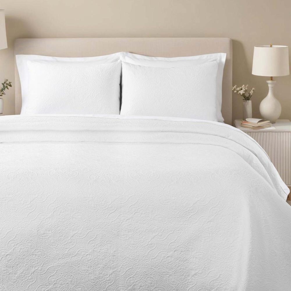imageSuperior 3 Piece Bedspread Set Home Bed Decor Decorative Bed Spread 2 Pillow Shams Medium Weight Blanket Floral Matelasse Coverlet Bedding Essentials Enzy Collection Queen PeachWhite