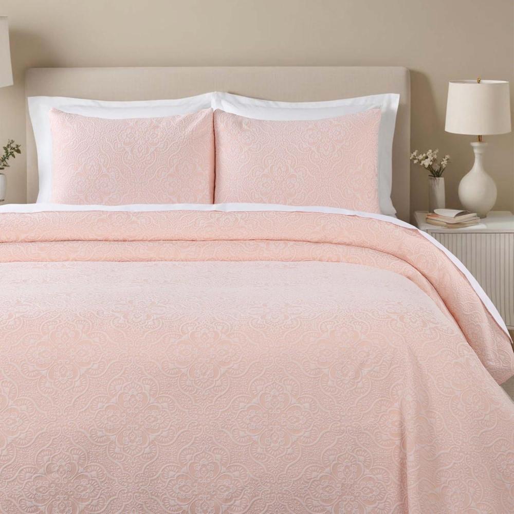 imageSuperior 3 Piece Bedspread Set Home Bed Decor Decorative Bed Spread 2 Pillow Shams Medium Weight Blanket Floral Matelasse Coverlet Bedding Essentials Enzy Collection Queen PeachPeach