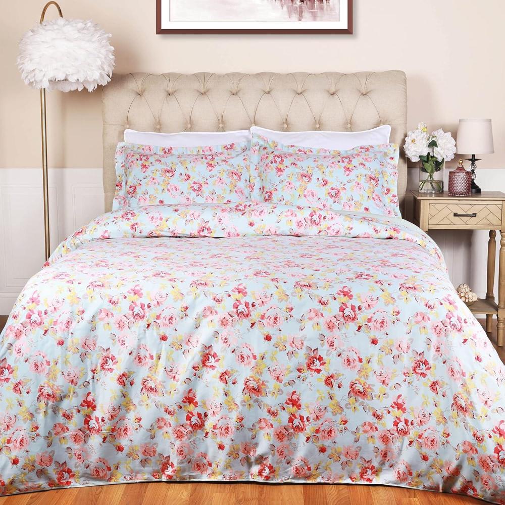 imageSuperior 300Thread Count Cotton Duvet Cover Bed Set with Pillow Shams Durable and Breathable Machine Washable Vintage Floral Bedding Boho Wildflower TwinTwin XL WhiteLight Blue