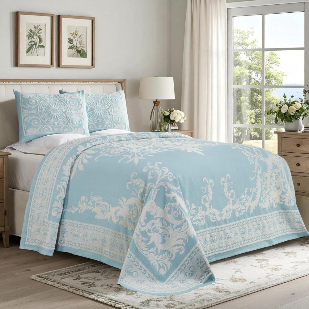 imageSuperior Cotton Blend 2Piece Bedspread Set Oversized Bedspread 1 Matching Pillow Sham Light Weight Blanket Jacquard Traditional Medallion Bedding Decor Adalie Collection Twin CharcoalAqua