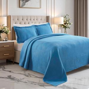 Superior 100% Cotton Basket Weave Bedspread with Shams, All-Season Premium Cotton Matelasse Jacquard Bedding, Quilted-Look Geometric Basket – Queen, Denim Blue(Denim Blue)