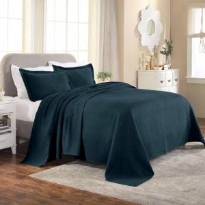 Superior 100% Cotton Basket Weave Bedspread with Shams, All-Season Premium Cotton Matelasse Jacquard Bedding, Quilted-Look Geometric Basket, Full, Black(Deep Sea)