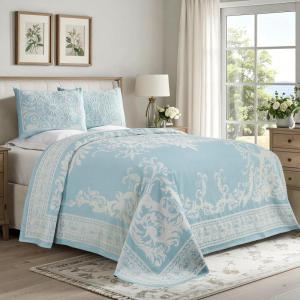 Superior Cotton Blend 2-Piece Bedspread Set, Oversized Bedspread, 1 Matching Pillow Sham, Light Weight Blanket, Jacquard Traditional Medallion Bedding Decor, Adalie Collection, Twin, Charcoal(Aqua)
