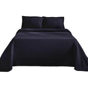 Superior Cotton Fleur De Lis Bedspread Set, Warm Blankets, All-Season Bedding, Bedroom Decor, Decorative Boho Medallion Coverlet, Includes 1 Bedspread, 2 Pillow Shams, Queen, Black(Navy Blue – Z)