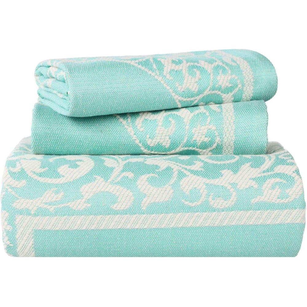 imageSUPERIOR Cotton Blend Bedspread Set Includes Oversized Bedspread and 2 Matching Pillow Shams Light Weight Blanket Bedding Decor Jacquard Vintage Floral Mandala Lyron Collection  King Turquoise