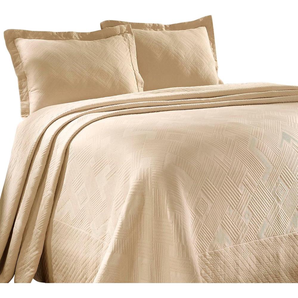 imageSuperior 100 Cotton Geometric Fret 3Piece Scalloped Bedspread Set King Ivory