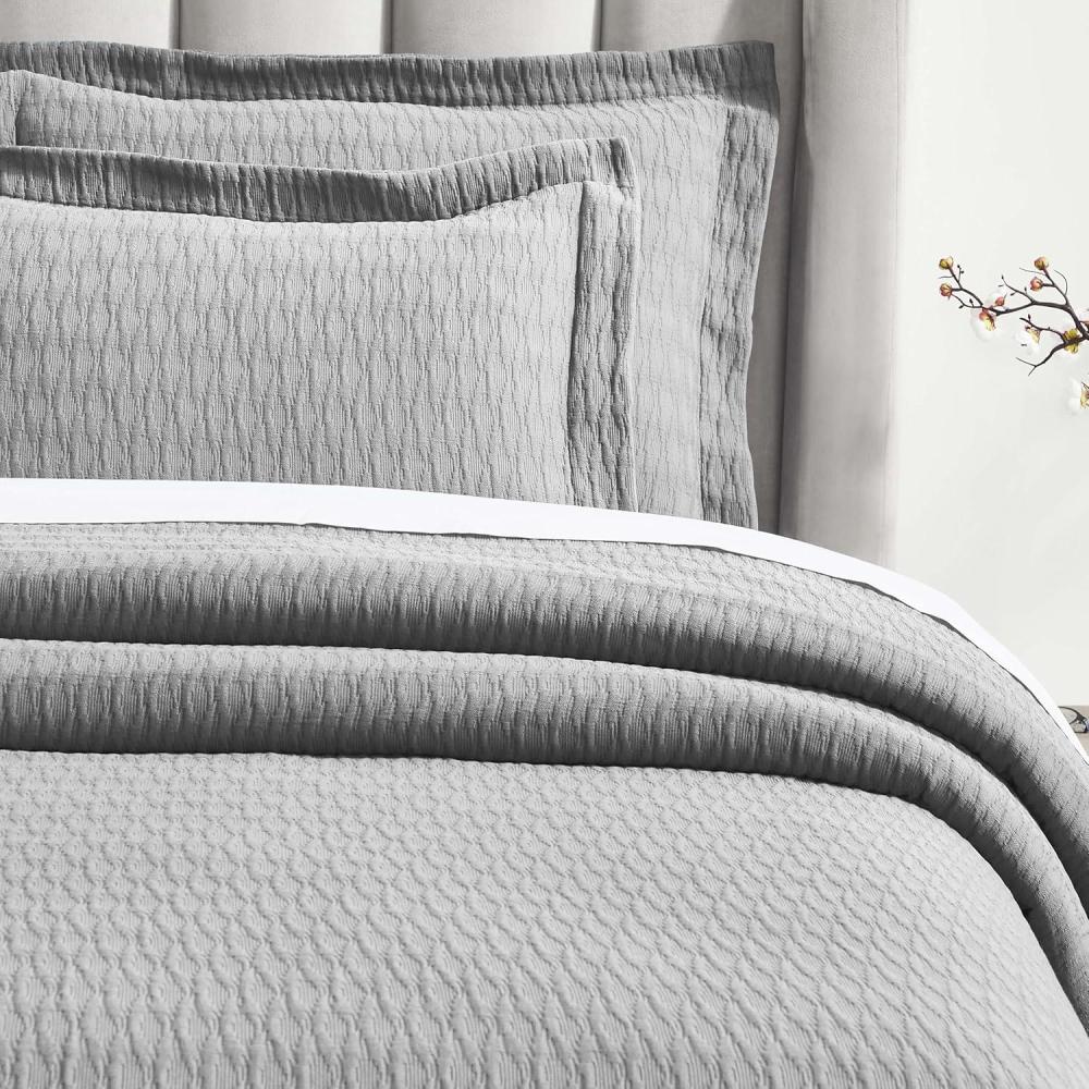 imageSuperior 3 Piece Cotton Bedspread Set Home Bed Decor Decorative Bed Spread 2 Pillow Shams Medium Weight Blanket Matelasse Coverlet Bedding Essentials Calvert Collection Queen IvoryGrey