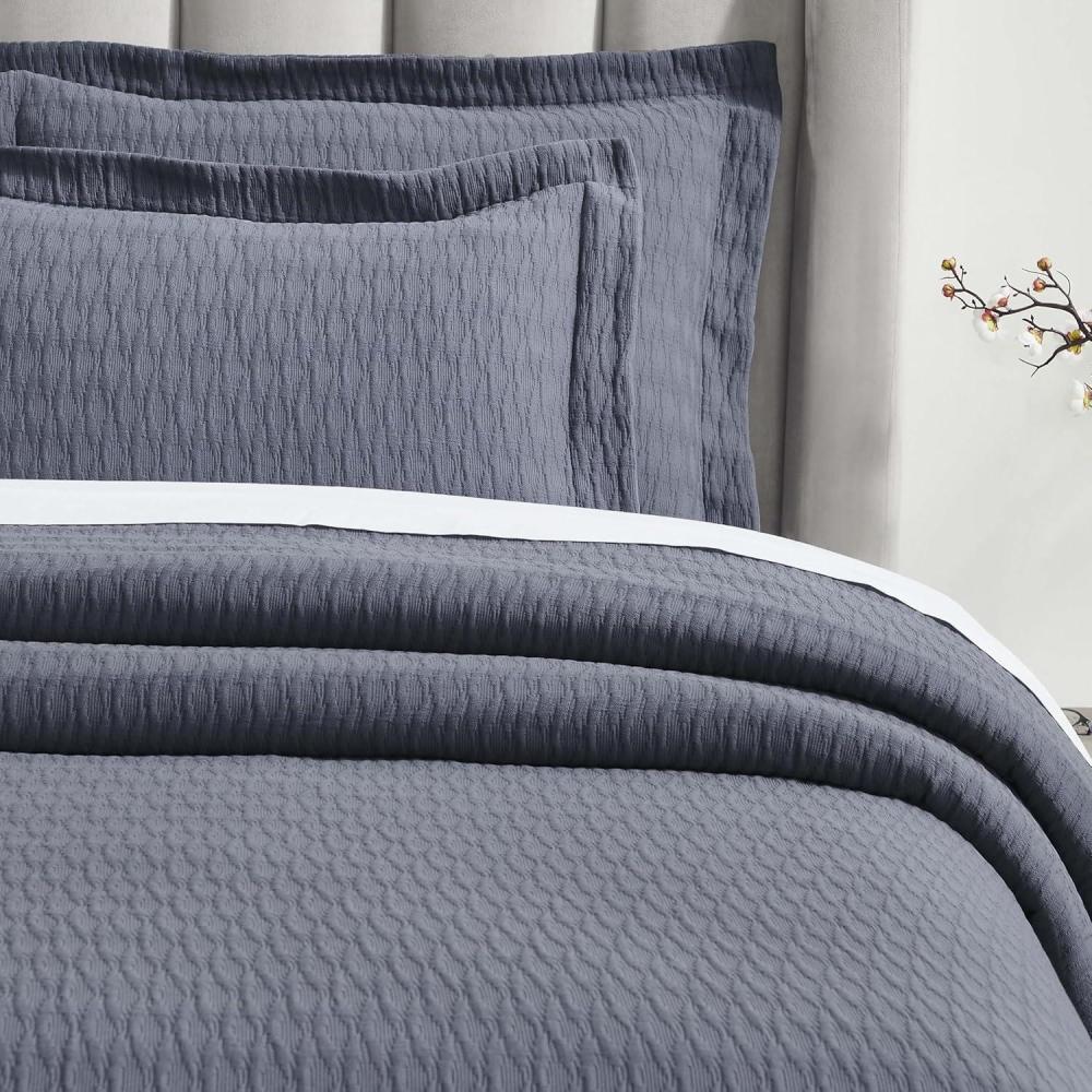imageSuperior 3 Piece Cotton Bedspread Set Home Bed Decor Decorative Bed Spread 2 Pillow Shams Medium Weight Blanket Matelasse Coverlet Bedding Essentials Calvert Collection Queen IvoryDenim Blue