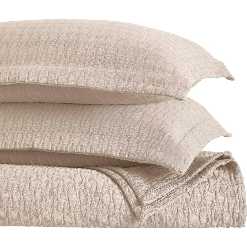 imageSuperior 3 Piece Cotton Bedspread Set Home Bed Decor Decorative Bed Spread 2 Pillow Shams Medium Weight Blanket Matelasse Coverlet Bedding Essentials Calvert Collection Queen IvoryBeige