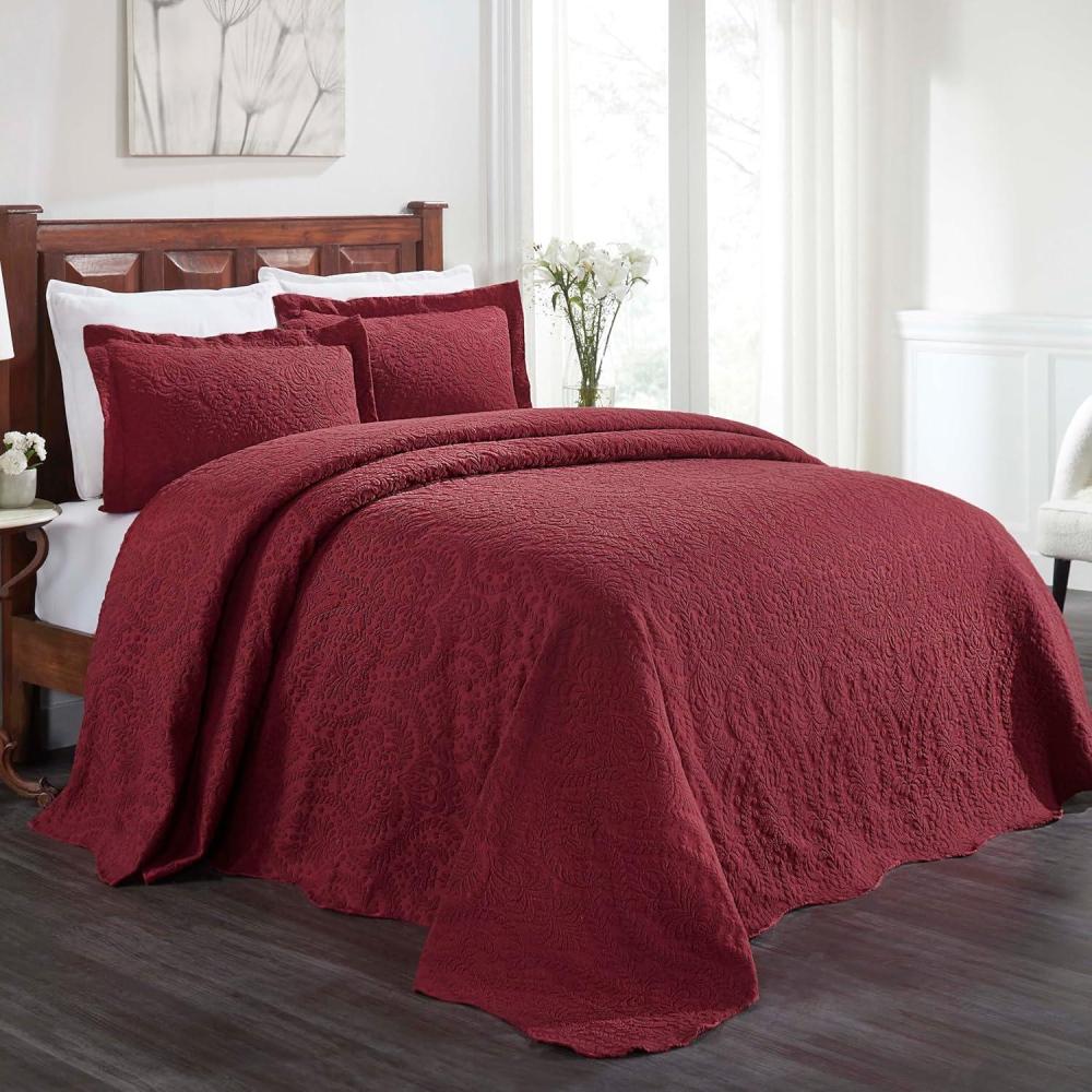 imageSuperior Aspen Cotton Blend 3 Piece Bedspread Set Oversized Bedspread 2 Pillow Shams Medium Weight Blanket Home Bed Decor Floral Scalloped Matelasse Coverlet Bedding Essential King WhiteBurgundy