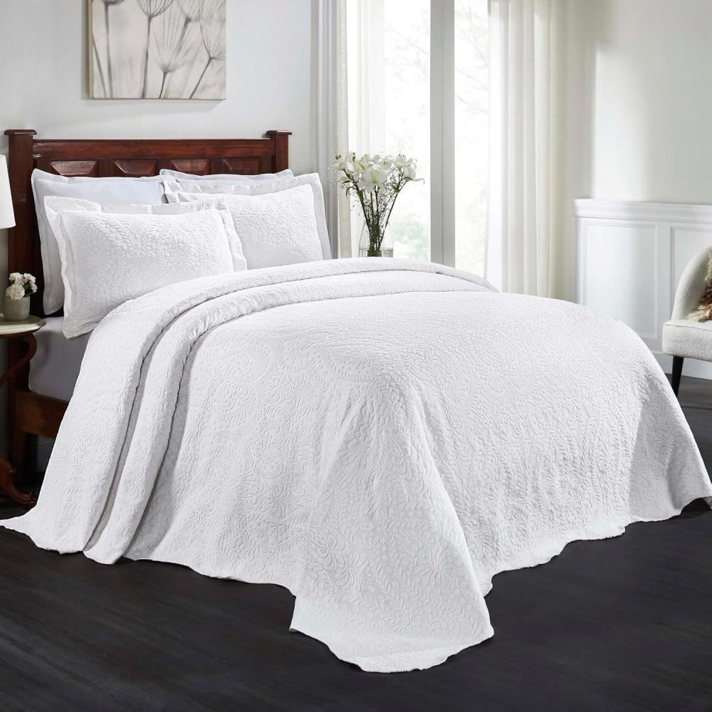 imageSuperior Aspen Cotton Blend 3 Piece Bedspread Set Oversized Bedspread 2 Pillow Shams Medium Weight Blanket Home Bed Decor Floral Scalloped Matelasse Coverlet Bedding Essential Queen White