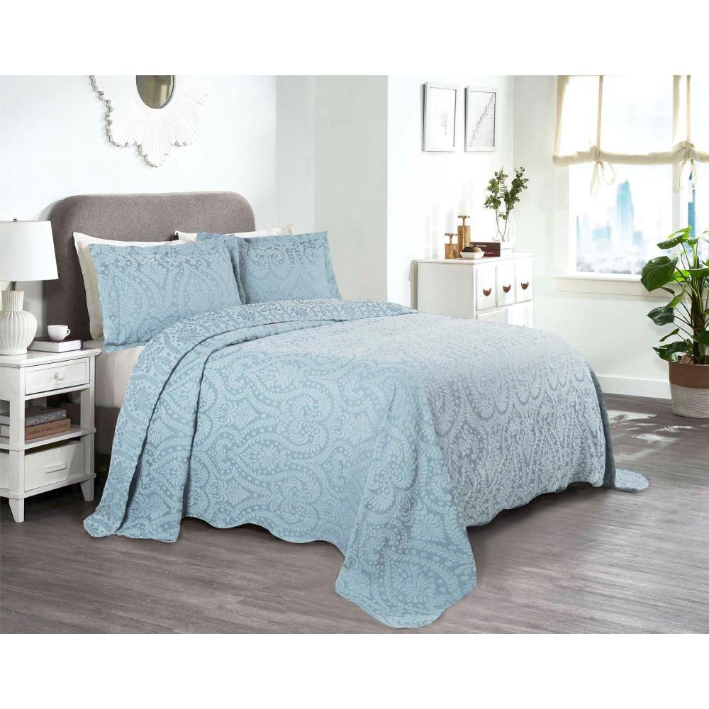 imageSuperior Aspen Cotton Blend 3 Piece Bedspread Set Oversized Bedspread 2 Pillow Shams Medium Weight Blanket Home Bed Decor Floral Scalloped Matelasse Coverlet Bedding Essential King IvoryLight Blue