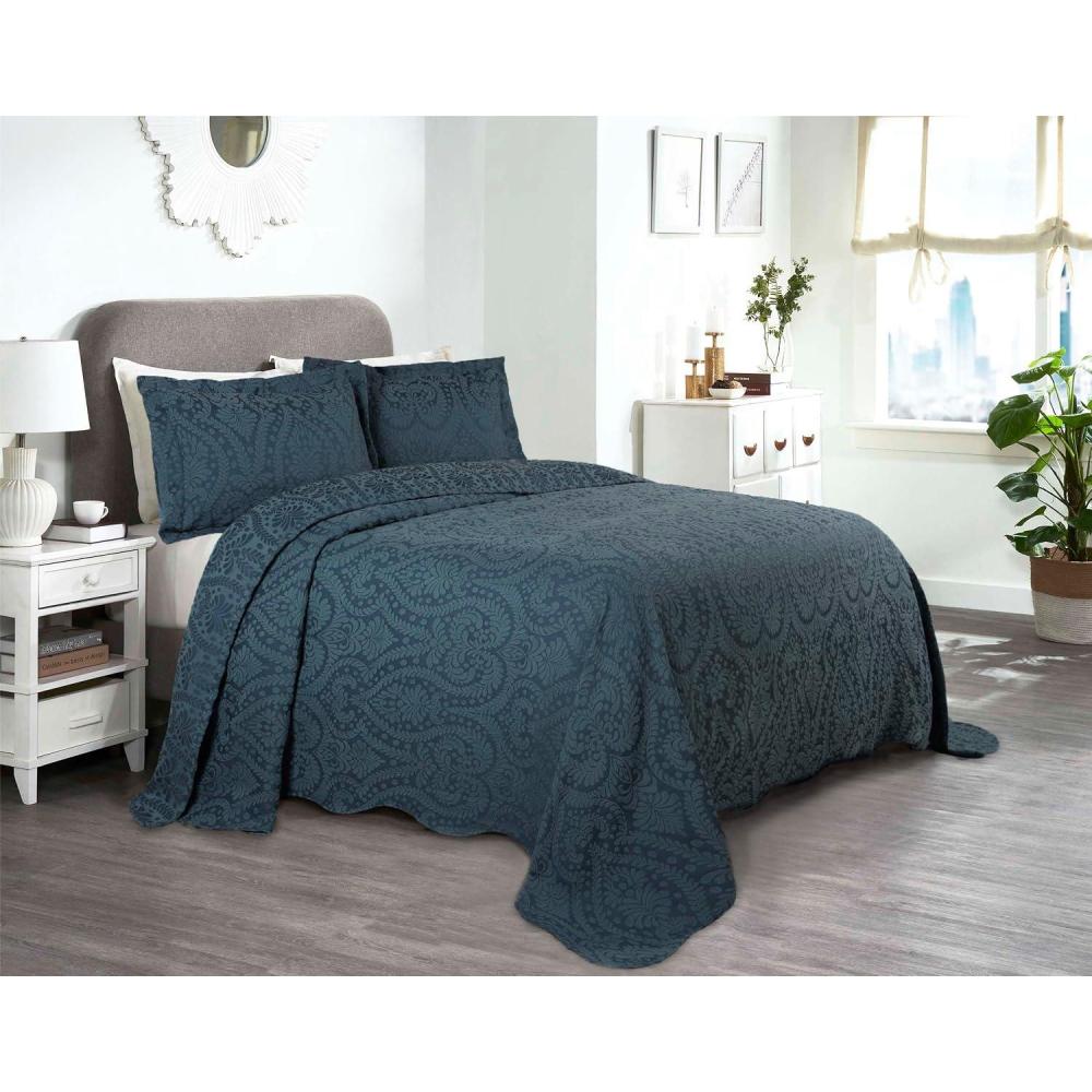 imageSuperior Aspen Cotton Blend 3 Piece Bedspread Set Oversized Bedspread 2 Pillow Shams Medium Weight Blanket Home Bed Decor Floral Scalloped Matelasse Coverlet Bedding Essential King IvoryDeep Sea