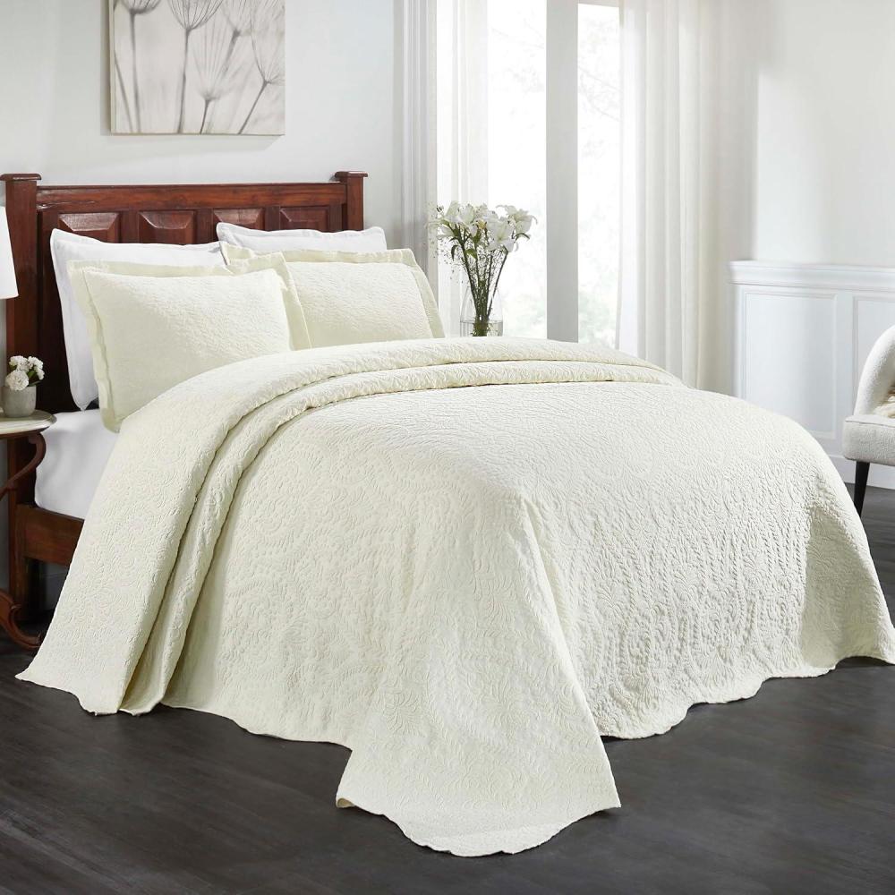 imageSuperior Aspen Cotton Blend 3 Piece Bedspread Set Oversized Bedspread 2 Pillow Shams Medium Weight Blanket Home Bed Decor Floral Scalloped Matelasse Coverlet Bedding Essential King IvoryIvory