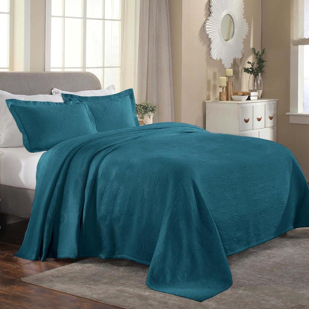 imageSuperior Cotton 3Piece Bedspread Set Oversized Bedspread 2 Pillow Shams Medium Weight Blanket Home Bed Decor Warm Bedding Medallion Scroll Matelasse Woven Florin Collection King SageDeep Sea