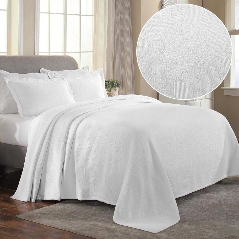 imageSuperior Cotton 3Piece Bedspread Set Oversized Bedspread 2 Pillow Shams Medium Weight Blanket Home Bed Decor Warm Bedding Medallion Scroll Matelasse Woven Florin Collection King SageWhite