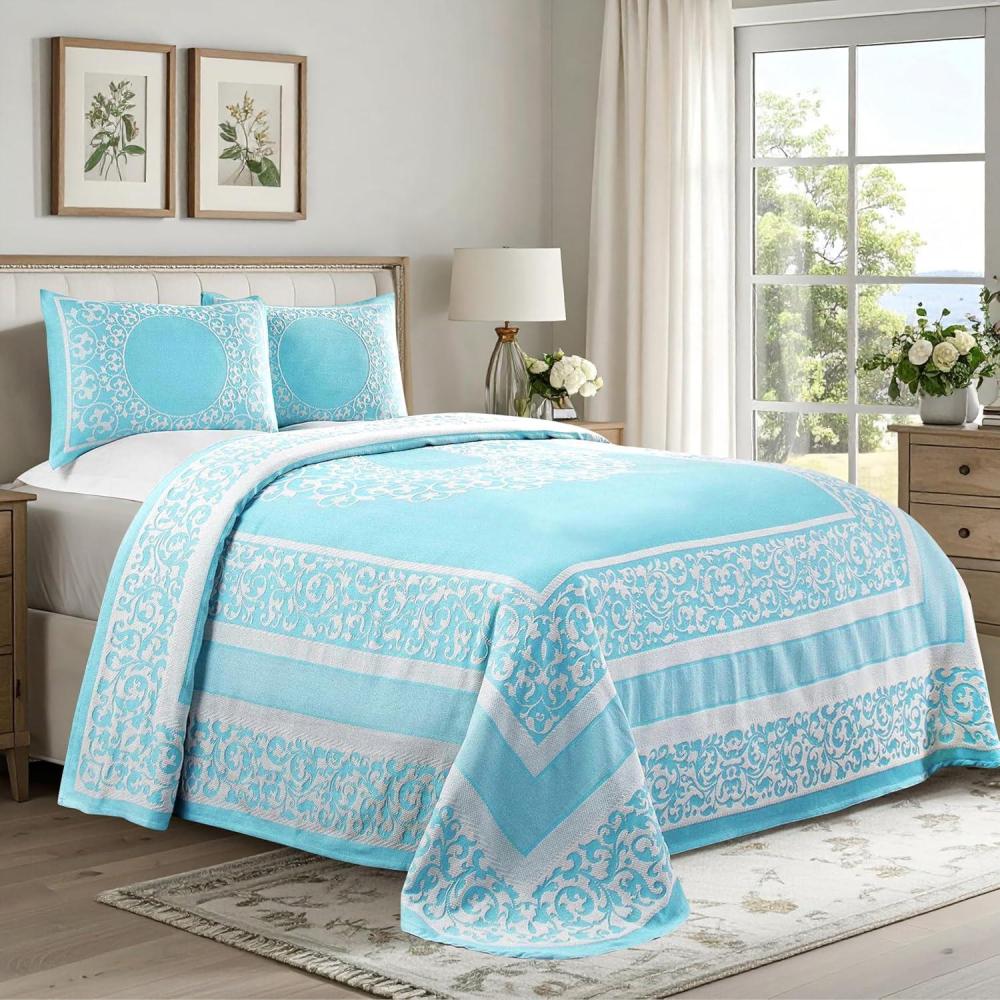 imageSuperior Cotton Blend Bedspread Set Includes Oversized Bedspread and 2 Matching Pillow Shams Light Weight Blanket Bedding Decor Jacquard Vintage Floral Mandala Lyron Collection  Twin Berry RedAqua