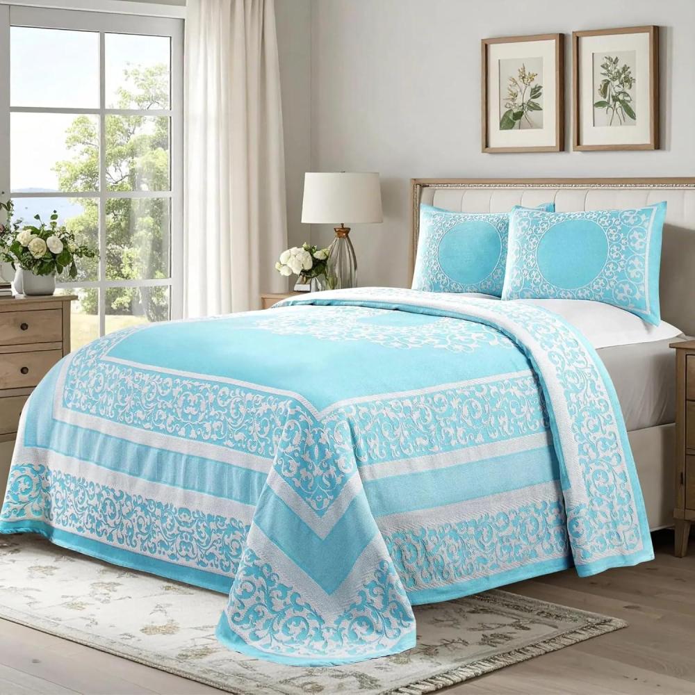 imageSuperior Oversized Premium Bedspread Set Bohemian Style JacquardWeave Textured Medallion CottonPolyester Blend with Matching Pillow Shams  Queen Berry RedAqua