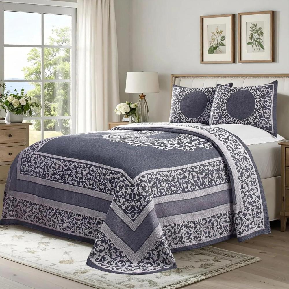 imageSuperior Oversized Premium Bedspread Set Bohemian Style JacquardWeave Textured Medallion CottonPolyester Blend with Matching Pillow Shams  Queen Berry RedDenim Blue
