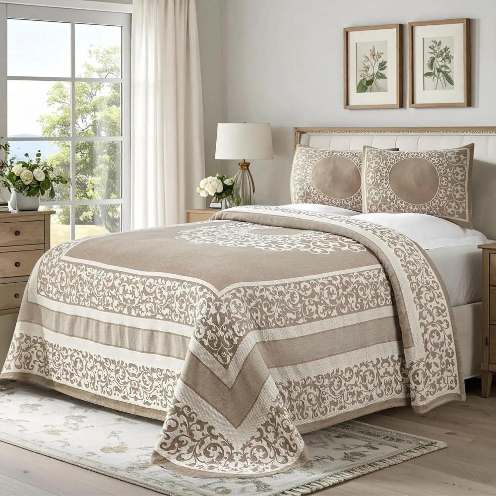 imageSuperior Oversized Premium Bedspread Set Bohemian Style JacquardWeave Textured Medallion CottonPolyester Blend with Matching Pillow Shams  Queen Berry RedTaupe