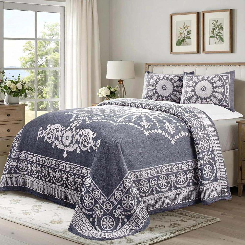 imageSuperior Oversized Premium Bedspread Set Bohemian Style JacquardWeave Textured Medallion CottonPolyester Blend with Matching Pillow Shams  Twin Denim Blue