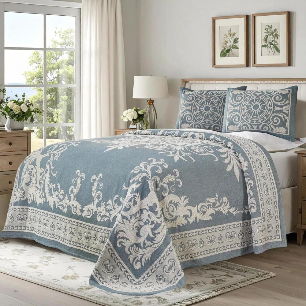 imageSuperior Oversized Premium Bedspread Set Bohemian Style JacquardWeave Textured Medallion CottonPolyester Blend with Matching Pillow Shams Slate Blue TwinCerulean Blue