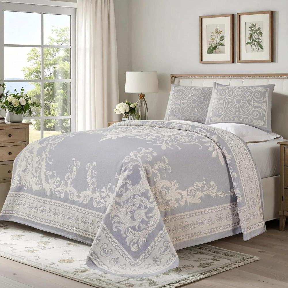 imageSuperior Oversized Premium Bedspread Set Bohemian Style JacquardWeave Textured Medallion CottonPolyester Blend with Matching Pillow Shams Slate Blue TwinSlate Blue