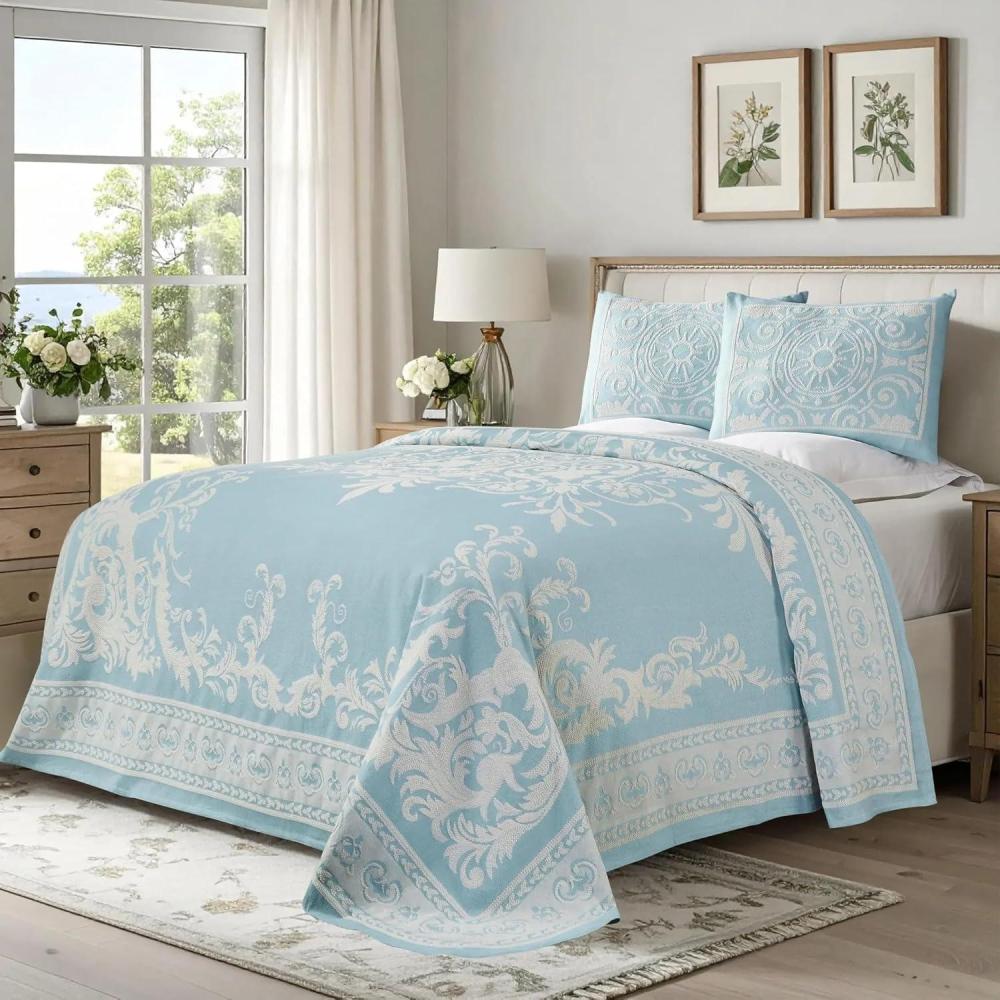 imageSuperior Oversized Premium Bedspread Set Bohemian Style JacquardWeave Textured Medallion CottonPolyester Blend with Matching Pillow Shams Slate Blue TwinAqua