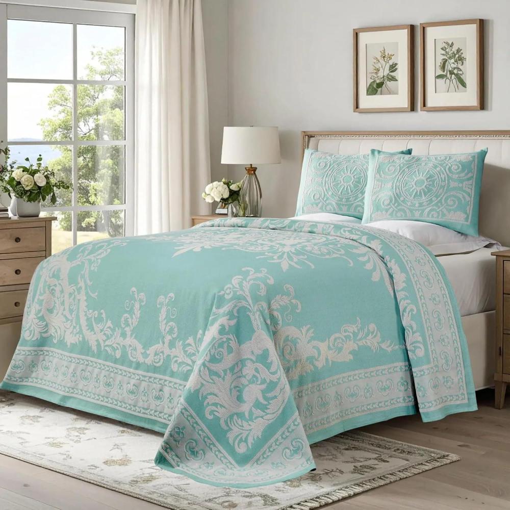 imageSuperior Oversized Premium Bedspread Set Bohemian Style JacquardWeave Textured Medallion CottonPolyester Blend with Matching Pillow Shams Slate Blue TwinTurquoise