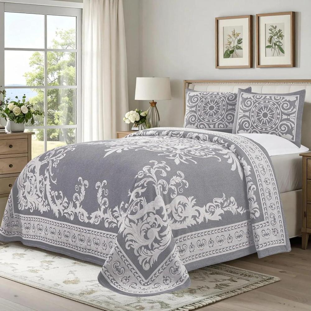 imageSuperior Oversized Premium Bedspread Set Bohemian Style JacquardWeave Textured Medallion CottonPolyester Blend with Matching Pillow Shams Slate Blue TwinDenim Blue