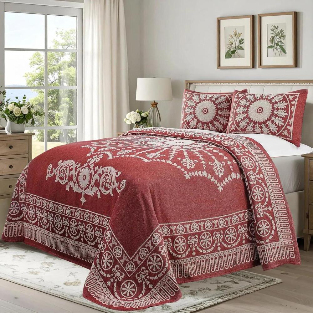 imageSuperior Oversized Premium Bedspread Set Bohemian Style JacquardWeave Textured Medallion CottonPolyester Blend with Matching Pillow Shams Soft and Lightweight Bedspread Taupe FullBerry Red