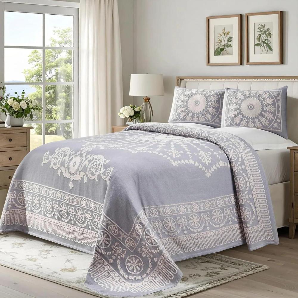 imageSuperior Oversized Premium Bedspread Set Bohemian Style JacquardWeave Textured Medallion CottonPolyester Blend with Matching Pillow Shams Soft and Lightweight Bedspread Taupe FullSlate Blue
