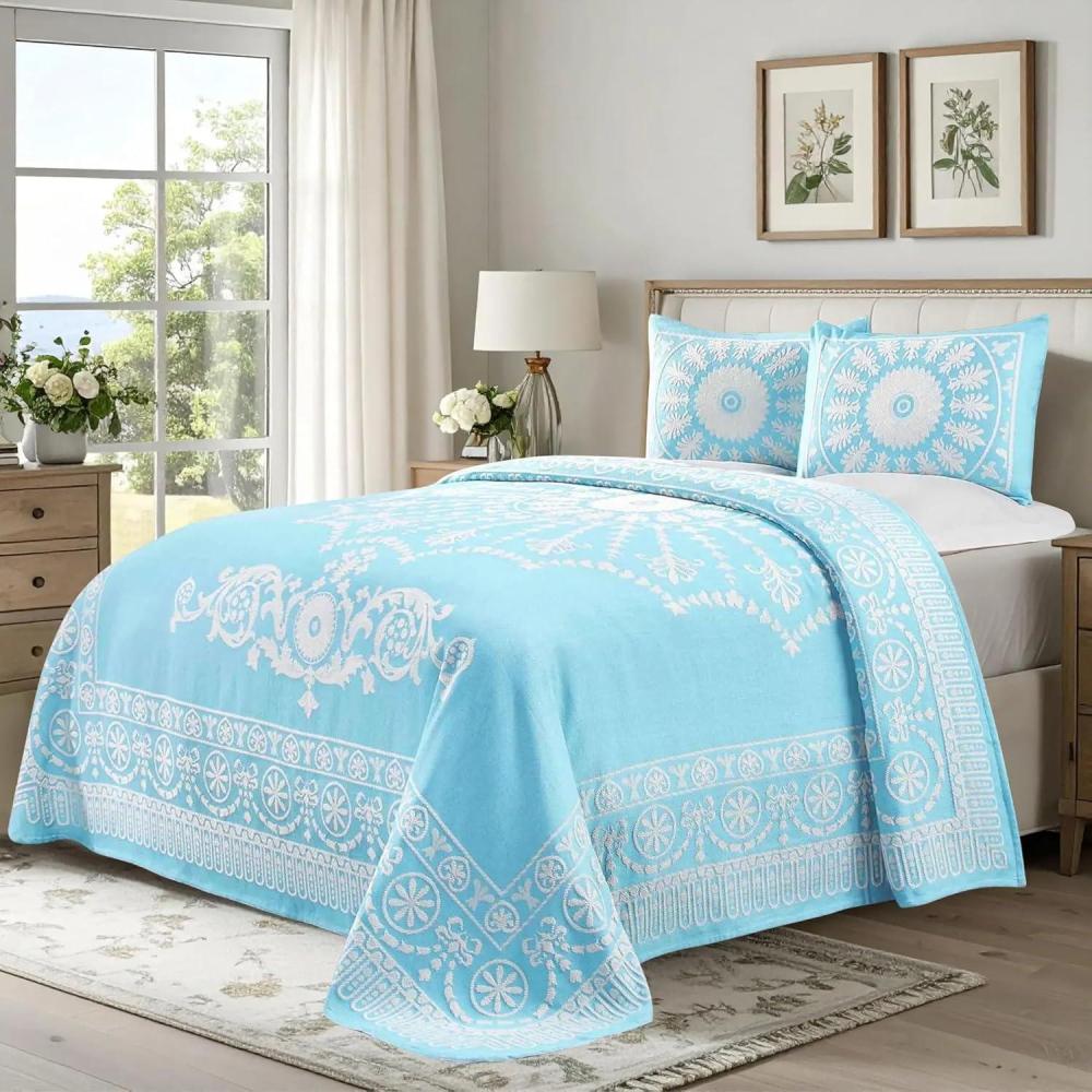 imageSuperior Oversized Premium Bedspread Set Bohemian Style JacquardWeave Textured Medallion CottonPolyester Blend with Matching Pillow Shams Soft and Lightweight Bedspread Taupe FullAqua