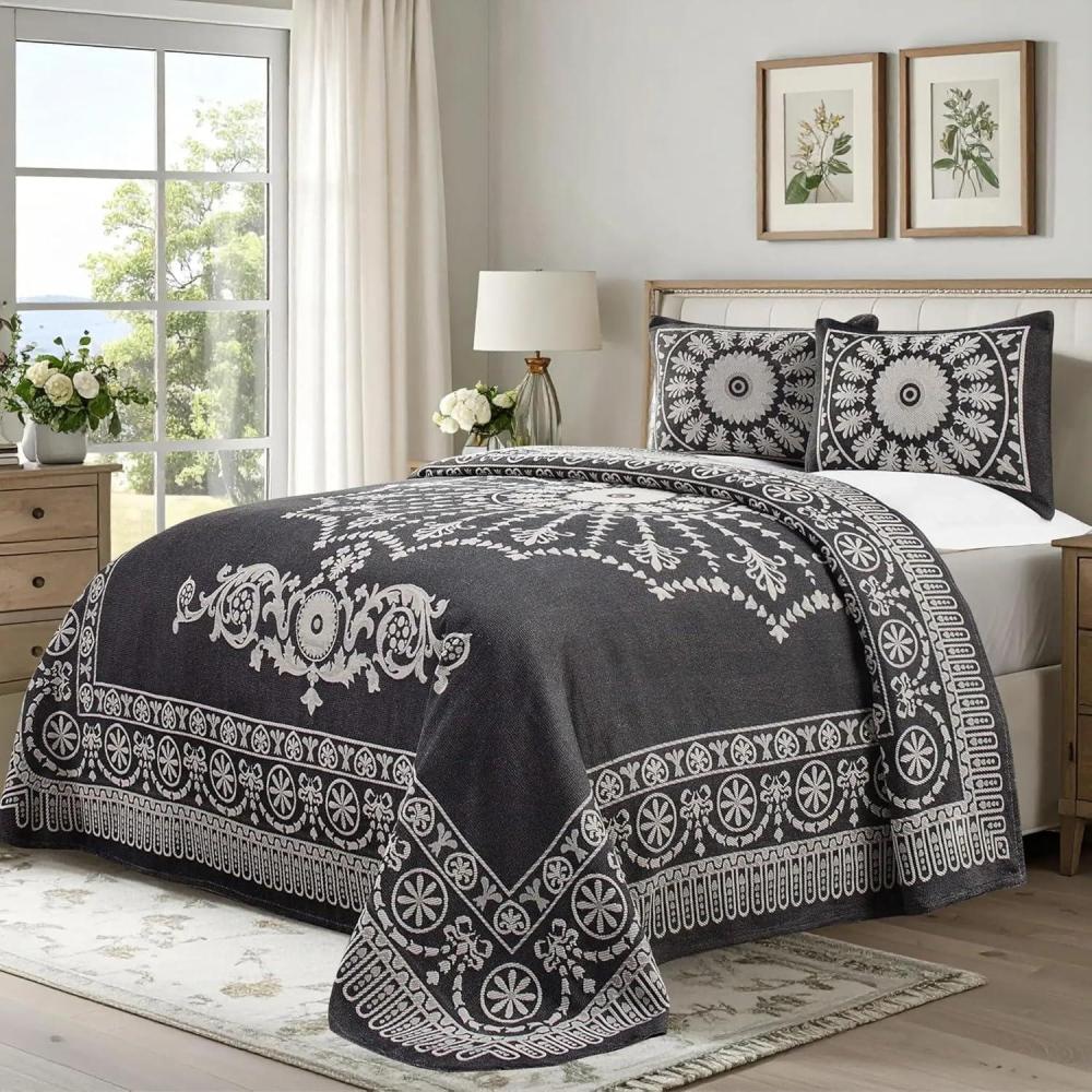 imageSuperior Oversized Premium Bedspread Set Bohemian Style JacquardWeave Textured Medallion CottonPolyester Blend with Matching Pillow Shams Soft and Lightweight Bedspread Taupe FullCharcoal