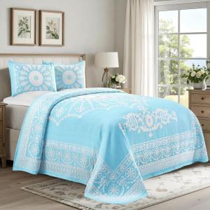Superior Cotton Blend Bedspread 2-Piece Set, Light Weight Blanket, 1 Matching Pillow Sham, Oversized Bedding, Traditional Bedroom, Jacquard Medallion Decor, Kymbal Collection, Twin, Berry Red(Aqua)
