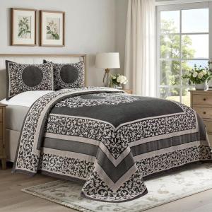 Superior Cotton Blend Bedspread Set, Includes Oversized Bedspread and 2 Matching Pillow Shams, Light Weight Blanket, Bedding Decor, Jacquard Vintage Floral Mandala, Lyron Collection – Twin, Berry Red(Charcoal)