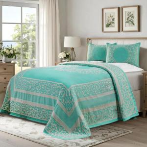 Superior Oversized Premium Bedspread Set Bohemian Style Jacquard-Weave Textured Medallion, Cotton-Polyester Blend with Matching Pillow Shams – Queen, Berry Red(Turquoise)