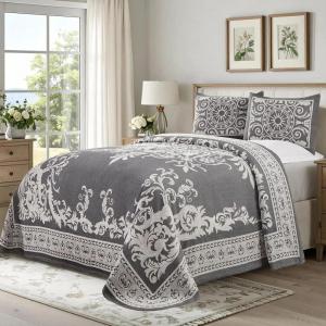 Superior Oversized Premium Bedspread Set Bohemian Style Jacquard-Weave Textured Medallion, Cotton-Polyester Blend with Matching Pillow Shams – Queen, Berry Red(Charcoal)