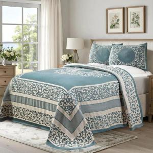 Superior Oversized Premium Bedspread Set Bohemian Style Jacquard-Weave Textured Medallion, Cotton-Polyester Blend with Matching Pillow Shams – Queen, Berry Red(Cerulean Blue)