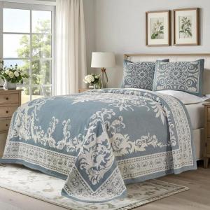 Superior Oversized Premium Bedspread Set Bohemian Style Jacquard-Weave Textured Medallion, Cotton-Polyester Blend with Matching Pillow Shams (Slate Blue, Twin)(Cerulean Blue)