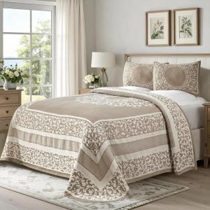 Superior Oversized Premium Bedspread Set Bohemian Style Jacquard-Weave Textured Medallion, Cotton-Polyester Blend with Matching Pillow Shams (Slate Blue, Twin)(Taupe)