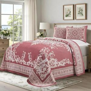 Superior Oversized Premium Bedspread Set Bohemian Style Jacquard-Weave Textured Medallion, Cotton-Polyester Blend with Matching Pillow Shams (Slate Blue, Twin)(Berry Red)