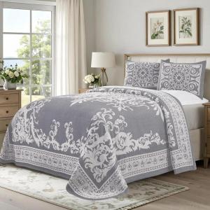Superior Oversized Premium Bedspread Set Bohemian Style Jacquard-Weave Textured Medallion, Cotton-Polyester Blend with Matching Pillow Shams (Slate Blue, Twin)(Denim Blue)