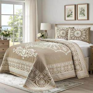Superior Oversized Premium Bedspread Set Bohemian Style Jacquard-Weave Textured Medallion, Cotton-Polyester Blend with Matching Pillow Shams, Soft and Lightweight Bedspread (Taupe, Full)(Taupe)