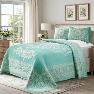 Superior Oversized Premium Bedspread Set Bohemian Style Jacquard-Weave Textured Medallion, Cotton-Polyester Blend with Matching Pillow Shams, Soft and Lightweight Bedspread (Taupe, Full)(Turquoise)