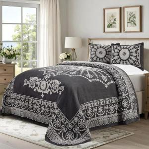 Superior Oversized Premium Bedspread Set Bohemian Style Jacquard-Weave Textured Medallion, Cotton-Polyester Blend with Matching Pillow Shams, Soft and Lightweight Bedspread (Taupe, Full)(Charcoal)