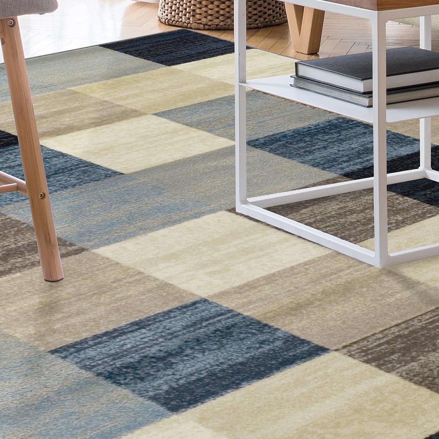 imageSuperior Indoor Area Rug Jute Backing Geometric Tile Block Floor Decor for Office Living Room Kitchen Floors Guest or Master Bedroom Modern Rugs Rockaway Collection 9 x 12 Majorica Blue