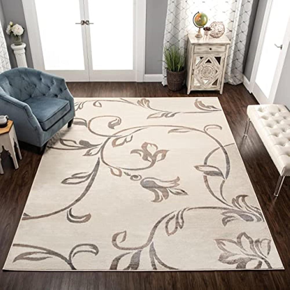 imageSUPERIOR Indoor 8 x 10 Area Rug with Jute Backing Shabby Chic Floral Decor Perfect for Living Room Bedroom Office Hallway Entry Dorm Kitchen Hardwood Floors Vine Collection Cream