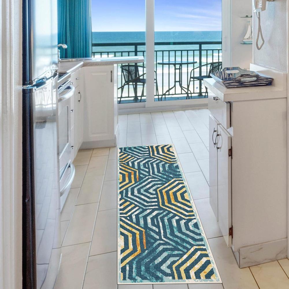 imageSUPERIOR Waimea Indoor Outdoor Runner Rug Perfect for Patio Poolside Backyard Playroom Kitchen Bedroom Dining Room Entryway Mudroom Modern Geometric Floor Cover 2 7 x 8 Navy BlueCream
